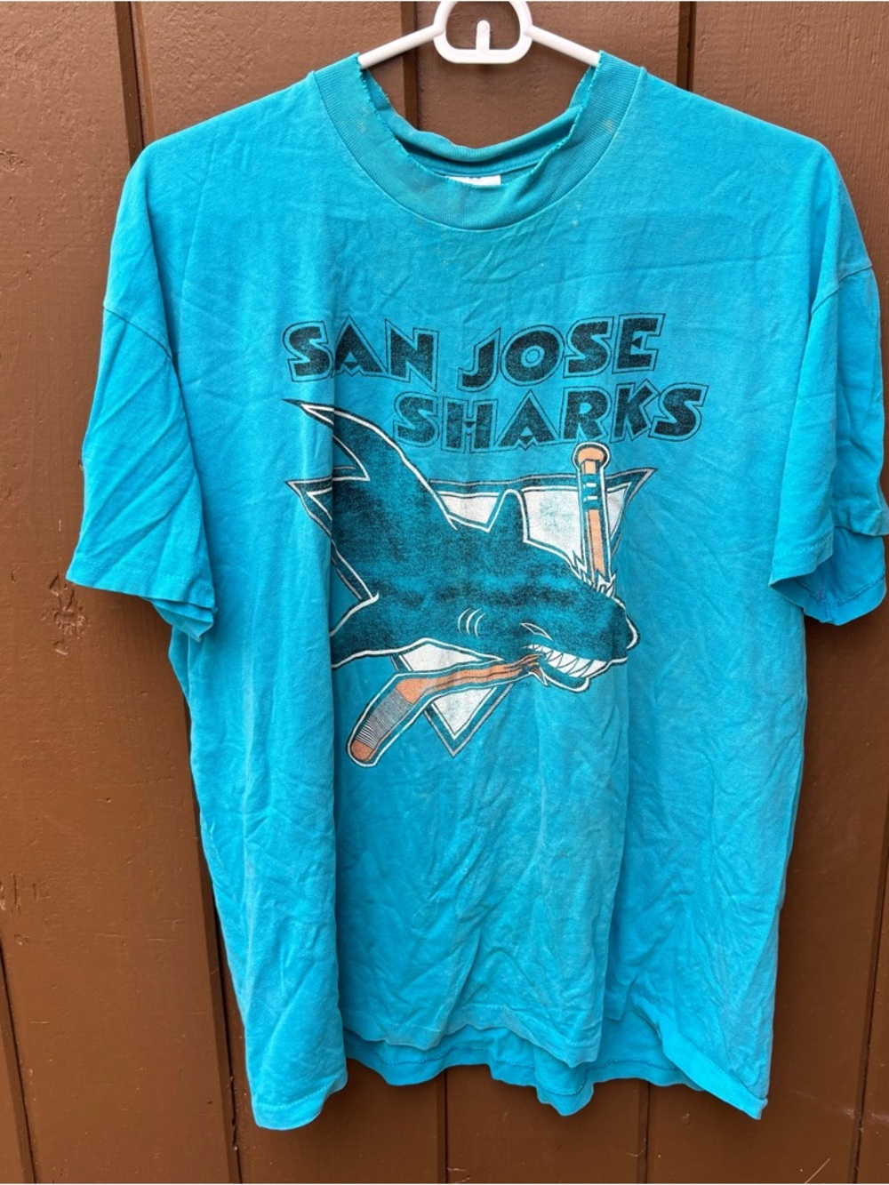 Vintage San Jose Sharks NHL Hockey Single Stitch T Shirt Size XL Teal